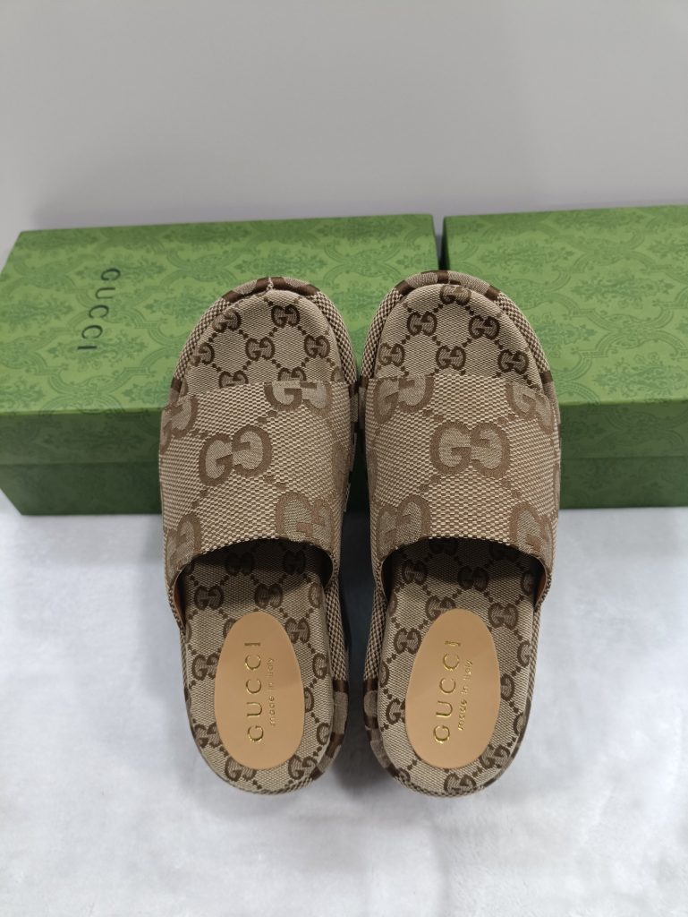 Gucci Women’s GG Logo Canvas Slide Sandals in Beige