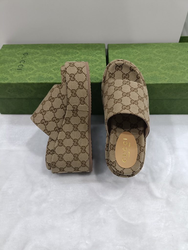 Gucci Beige Monogram Platform Slide Sandals