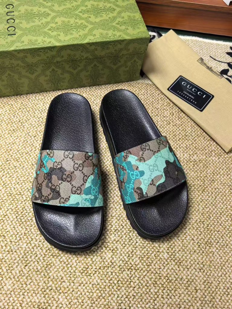 Gucci Camouflage Slide Sandals in Green Black, Stylish Casua
