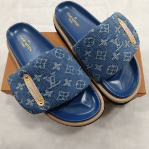 Louis Vuitton Denim Slide Sandals with Gold Accents, Blue Ca