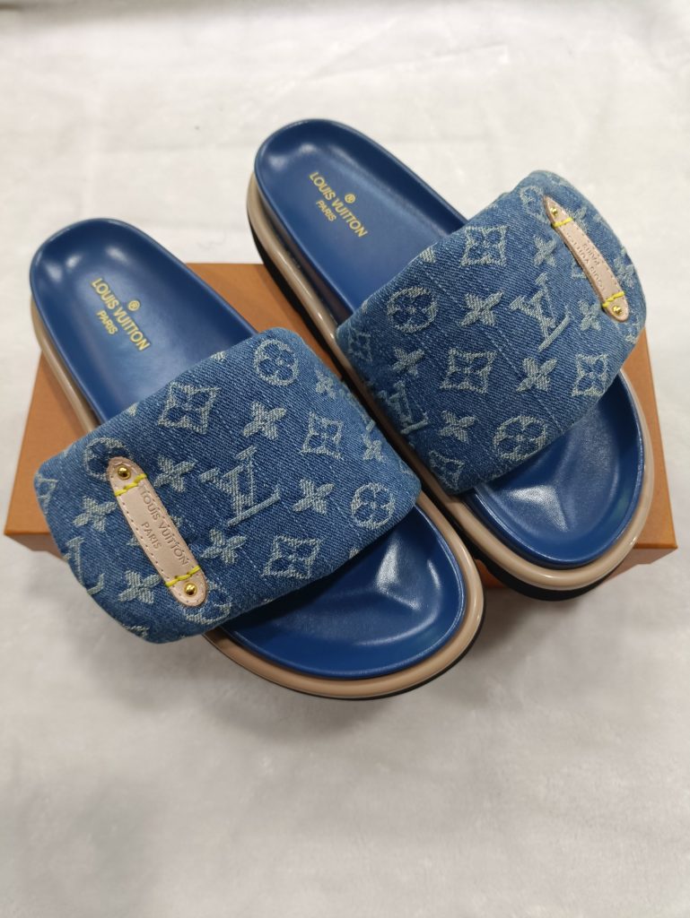 Louis Vuitton Denim Slide Sandals with Gold Accents, Blue Ca