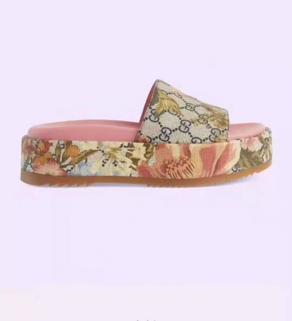 Gucci Floral Platform Slide Sandals in Pink and Multi Color