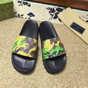 Gucci Camouflage Print Slide Sandals in Green and Yellow