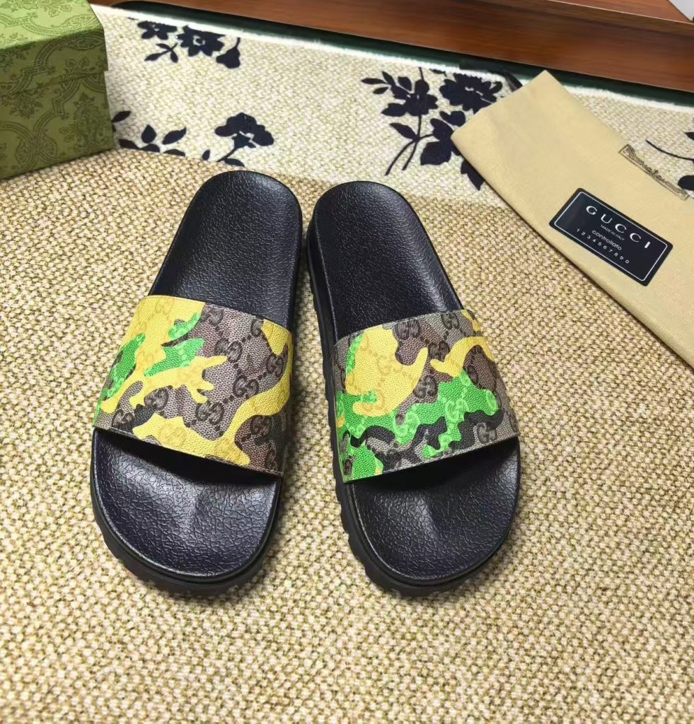 Gucci Camouflage Print Slide Sandals in Green and Yellow
