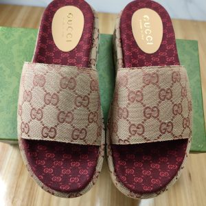 Gucci Monogram Slide Sandals in Beige and Burgundy Velvet
