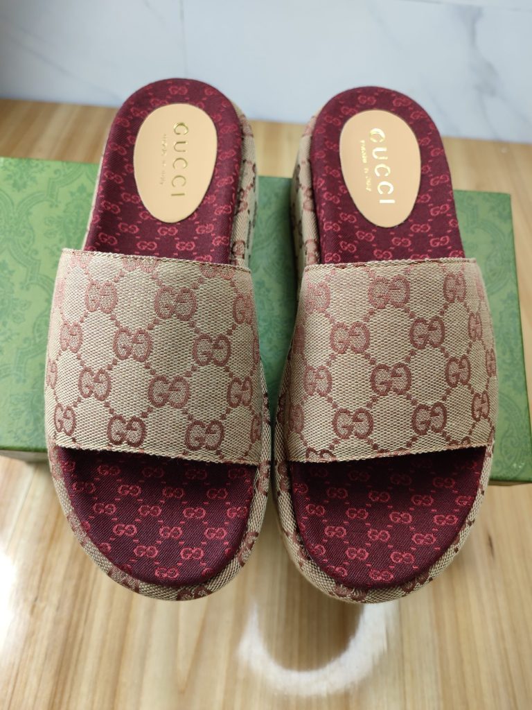 Gucci Monogram Slide Sandals in Beige and Burgundy Velvet