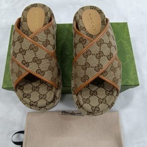Gucci Beige Signature Canvas Slide Sandals with Cross Strap