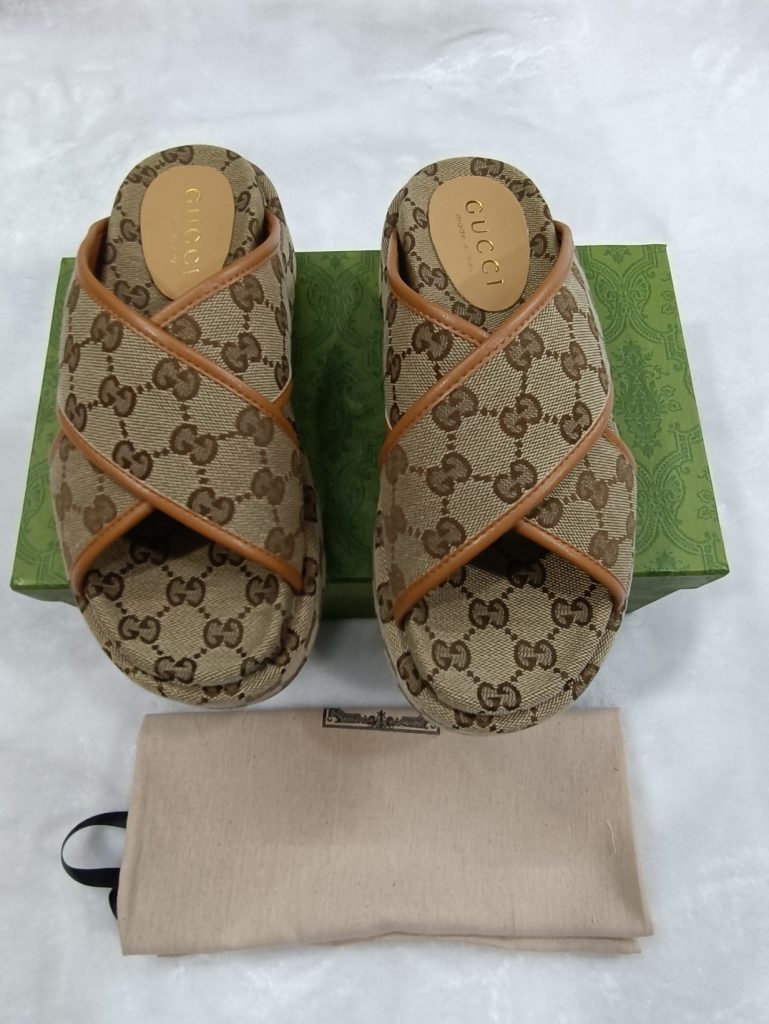 Gucci Beige Signature Canvas Slide Sandals with Cross Strap