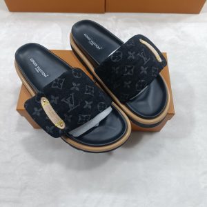 Louis Vuitton Black Monogram Sandals with Gold Accents for W