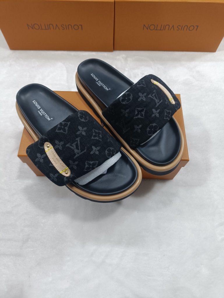 Louis Vuitton Black Monogram Sandals with Gold Accents for W