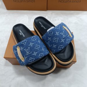 Louis Vuitton Blue Denim Slip On Sandals with Gold Accents
