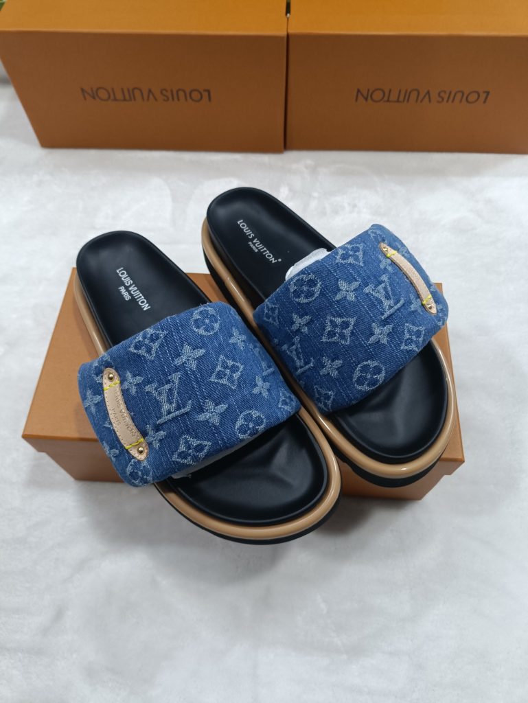 Louis Vuitton Blue Denim Slip On Sandals with Gold Accents