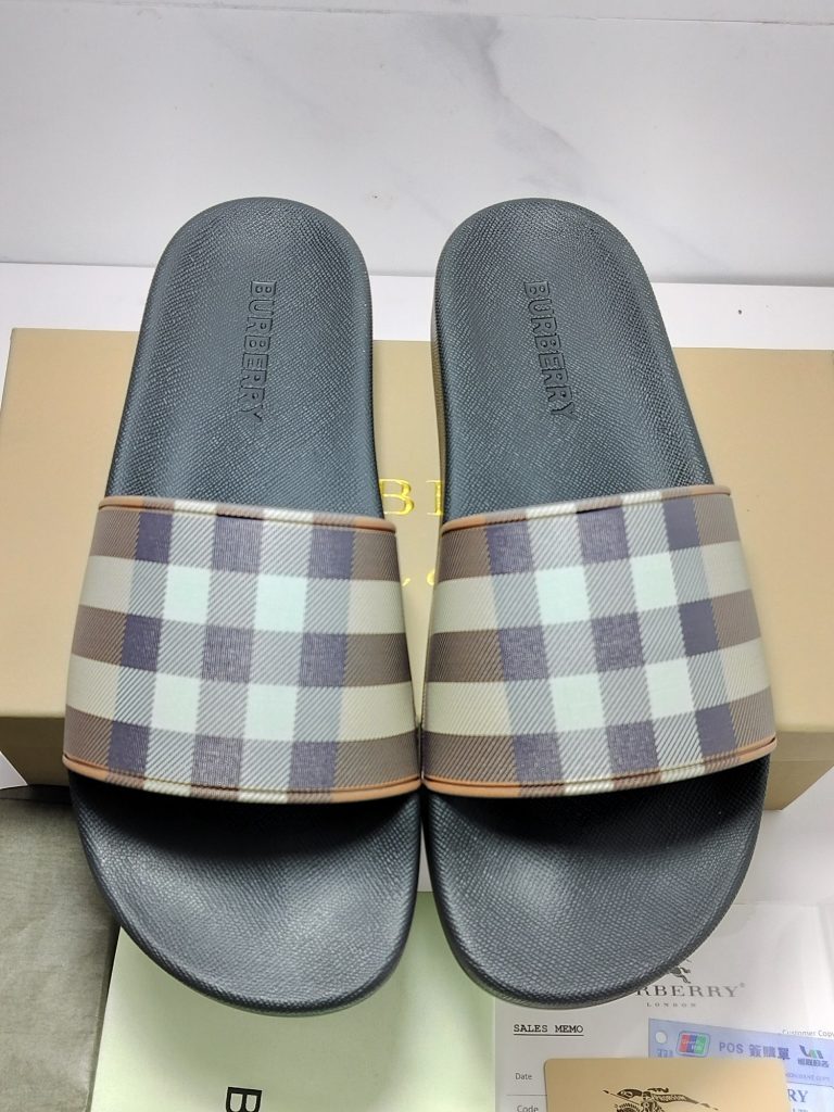 Burberry Plaid Slide Sandals in Grey, PVC Upper, Comfort Foo