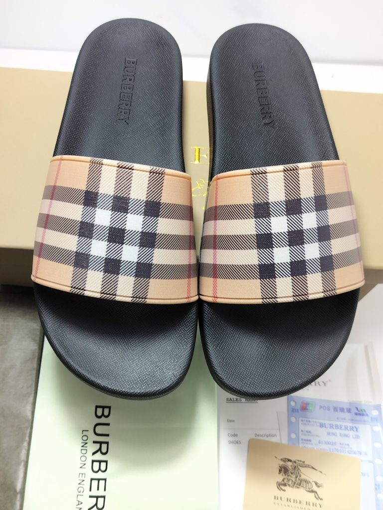 Burberry Check Pattern Slide Sandals in Tan Black for Men