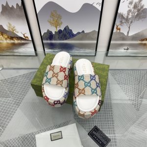 Gucci Multicolor Patterned Slides in Beige Canvas