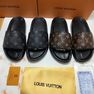 Louis Vuitton Monogram Slide Sandals Black Chocolate Leath