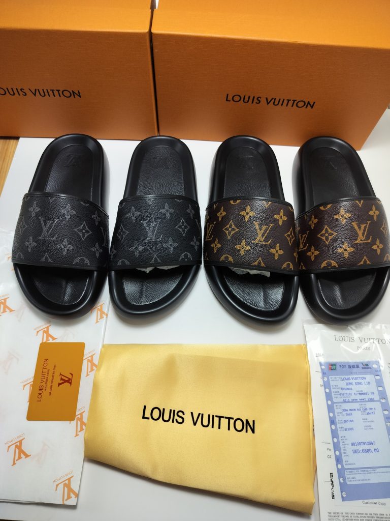 Louis Vuitton Monogram Slide Sandals Black Chocolate Leath