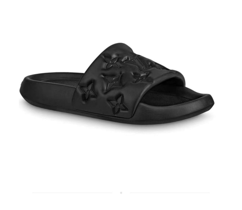 Louis Vuitton Black Rubber Slide Sandals with Floral Pattern