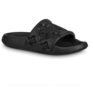 Louis Vuitton Black Rubber Slide Sandals with Floral Pattern
