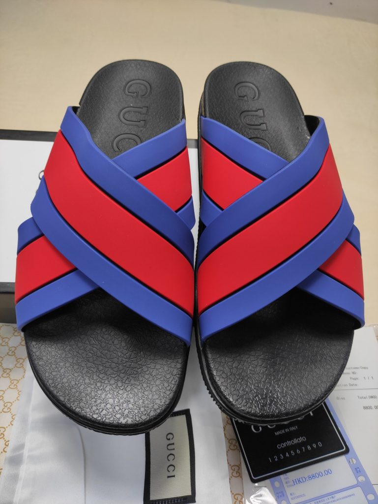 Gucci Men’s Red and Blue Cross strap Slide Sandals, Rubber