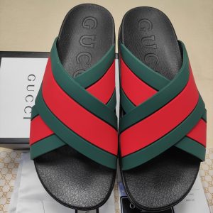 Gucci Men's Slide Sandals Red and Green Crossband Rubber S