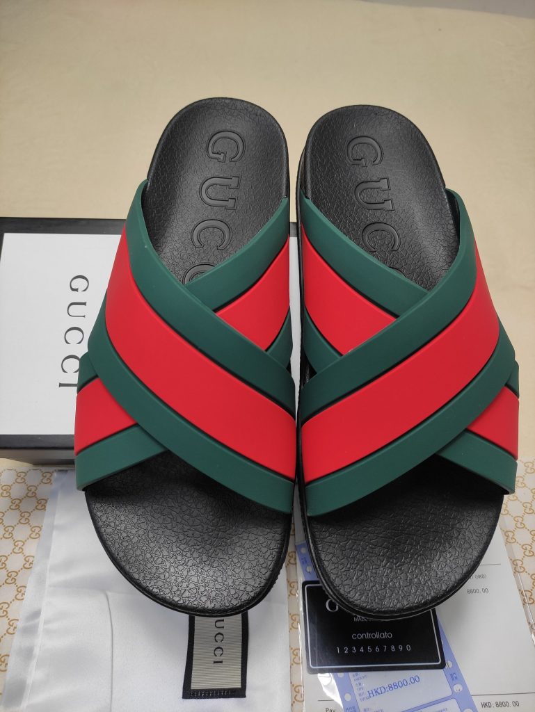 Gucci Men’s Slide Sandals Red and Green Crossband Rubber S