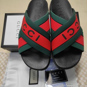 Gucci Men’s Slide Sandals, Green and Red, Rubber, Casual Sty