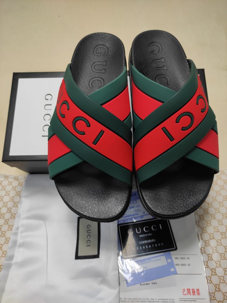 Gucci Men’s Slide Sandals, Green and Red, Rubber, Casual Sty