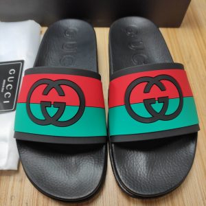 Gucci Men's Slide Sandals, Black Red Green, Rubber, Fashiona
