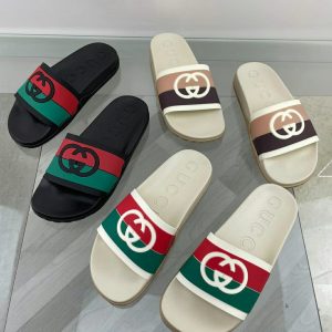 Gucci Men's Logo Slide Sandals in Black and Green, Rubber Ma