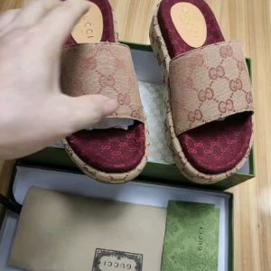 Gucci Brown Logo Slide Sandals with Platform Heel