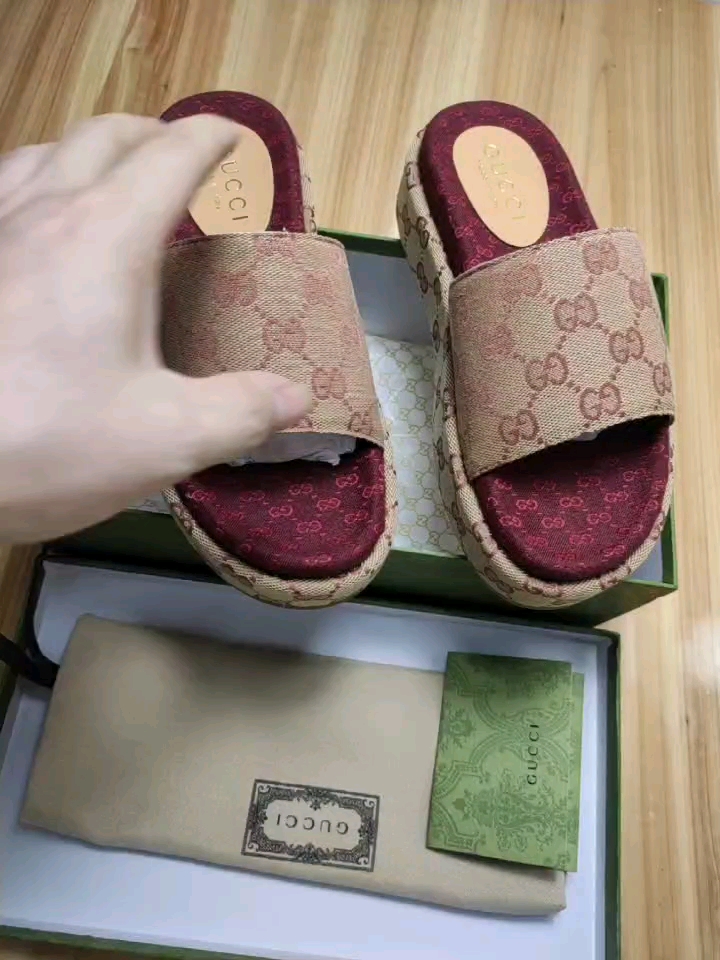 Gucci Brown Logo Slide Sandals with Platform Heel