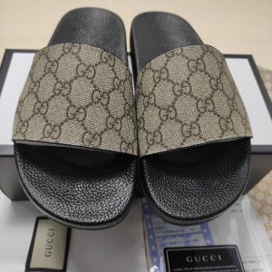 Gucci GG Monogram Slides in Beige Brown Leather for Men