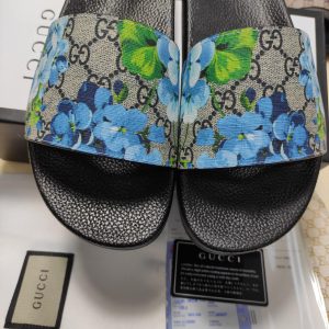 Gucci Floral Slide Sandals in Black and Blue Canvas