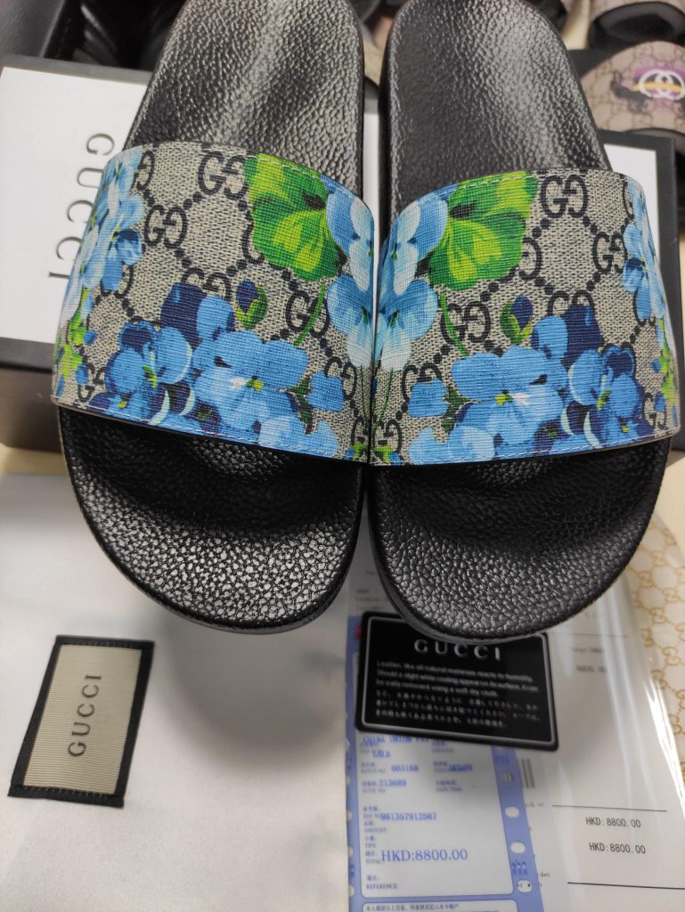 Gucci Floral Slide Sandals in Black and Blue Canvas