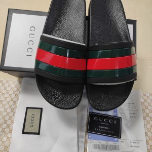 Gucci Men's Slide Sandals, Black Red Green, Rubber, Casual B