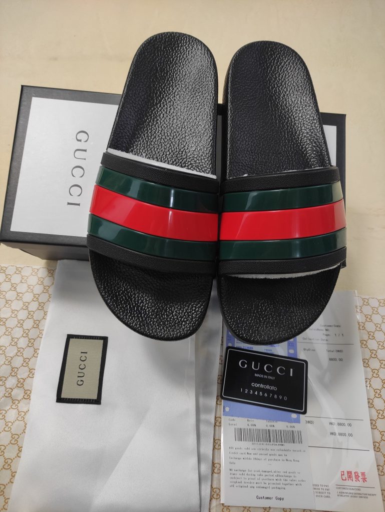 Gucci Men’s Slide Sandals, Black Red Green, Rubber, Casual B