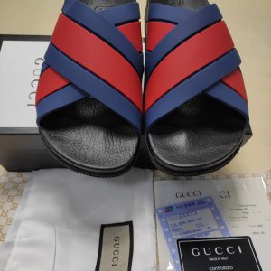 Gucci Red and Blue Cross Strap Slides, Leather Casual Footwe