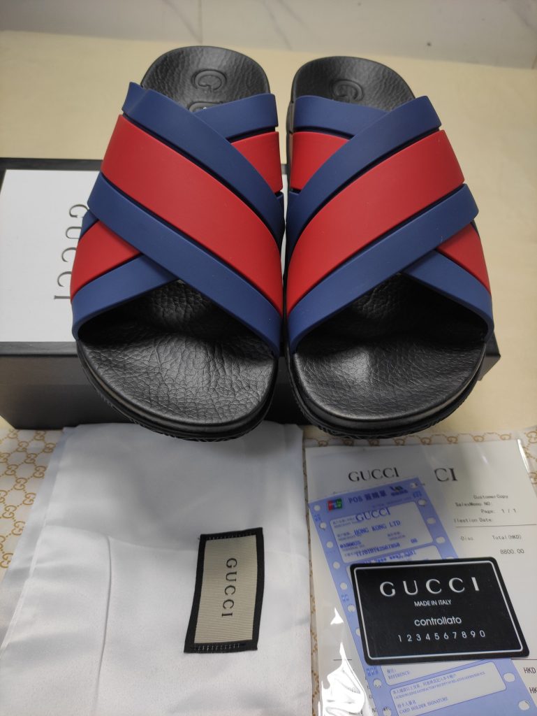Gucci Red and Blue Cross Strap Slides, Leather Casual Footwe