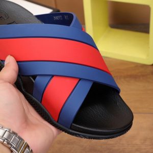 Men's Blue and Red Striped Slide Sandals in Durable Rubber