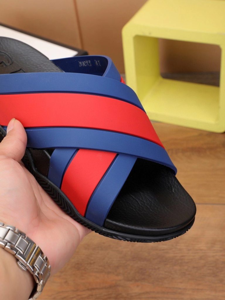 Men’s Blue and Red Striped Slide Sandals in Durable Rubber