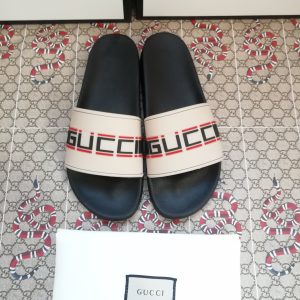 Gucci Men's Logo Slide Sandals in Beige and Black Rubber