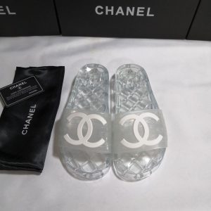 Chanel Clear PVC Logo Slides Sandals in White