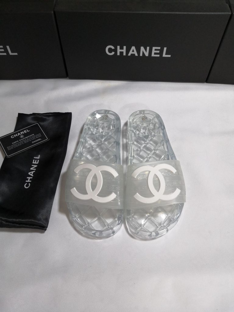 Chanel Clear PVC Logo Slides Sandals in White