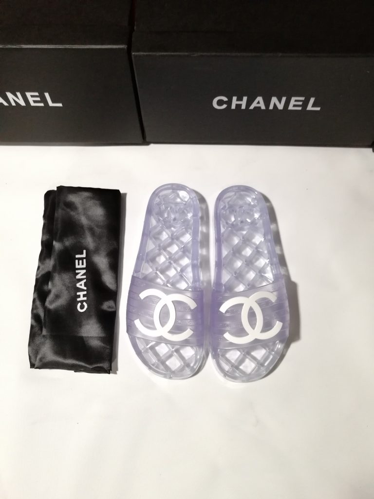 Chanel Purple Transparent Slide Sandals with Logo Detail
