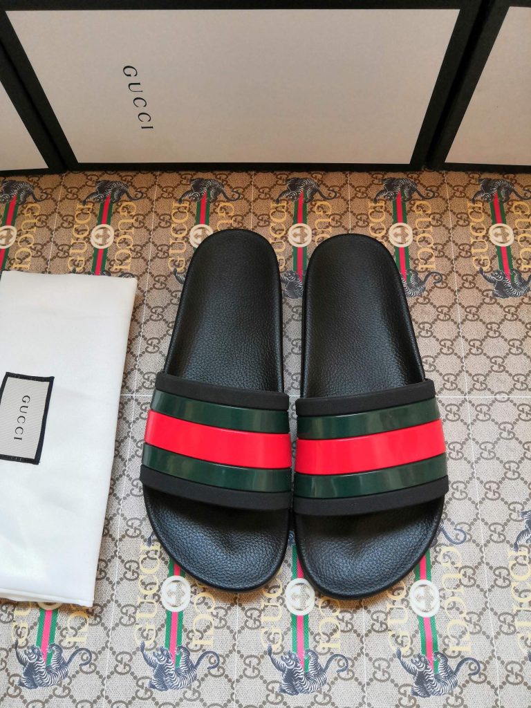 Gucci Men’s Slide Sandals, Black Green Red, PVC and Rubber