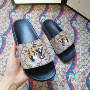 Gucci Tiger Print Slide Sandals in Beige and Black