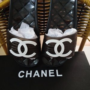 Chanel Black Rubber Slides with White Logo Emblem