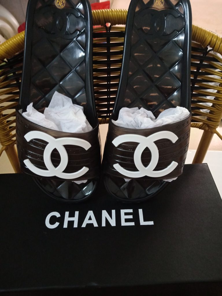 Chanel Black Rubber Slides with White Logo Emblem