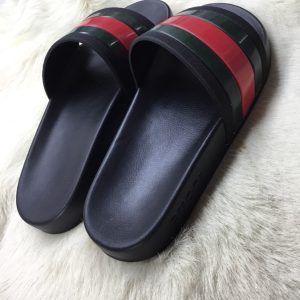 Gucci Inspired Black Slide Sandals with Red and Green Stripe